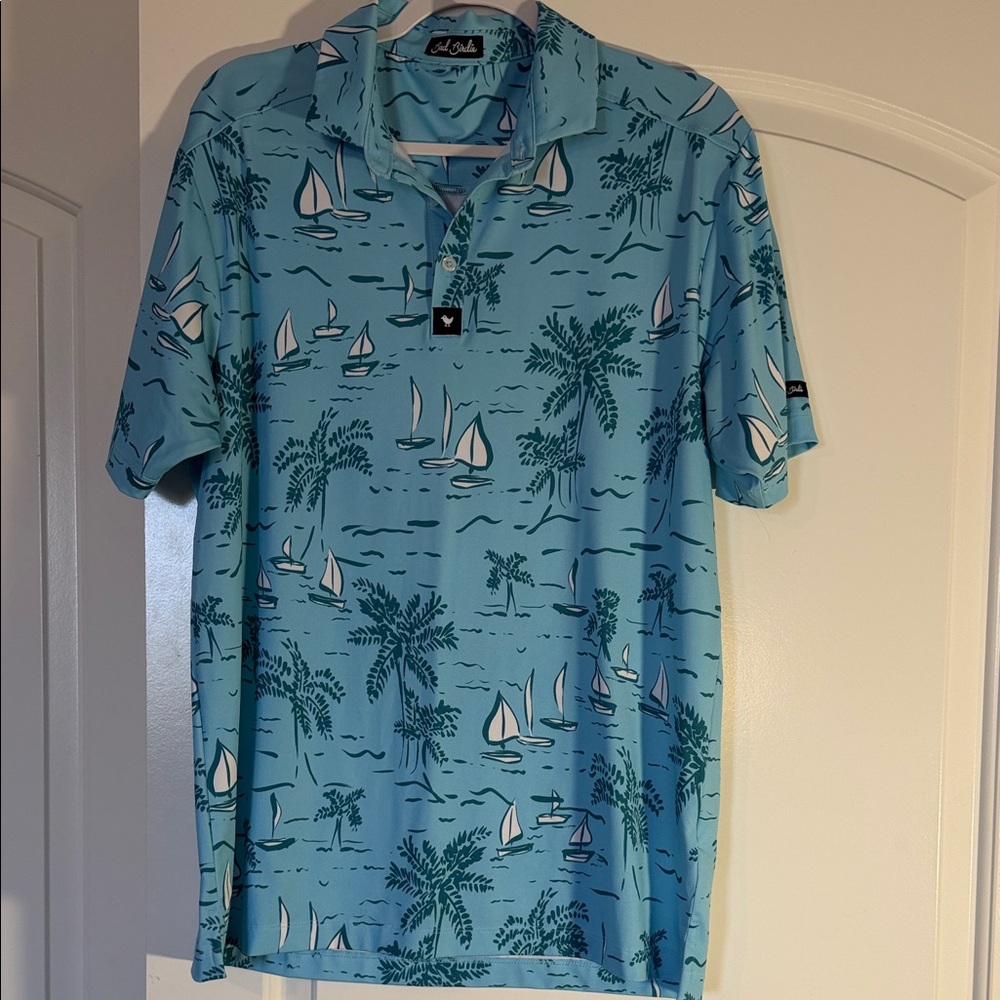 Bad Birdie Tropical Sailboat Blue Polo Shirt